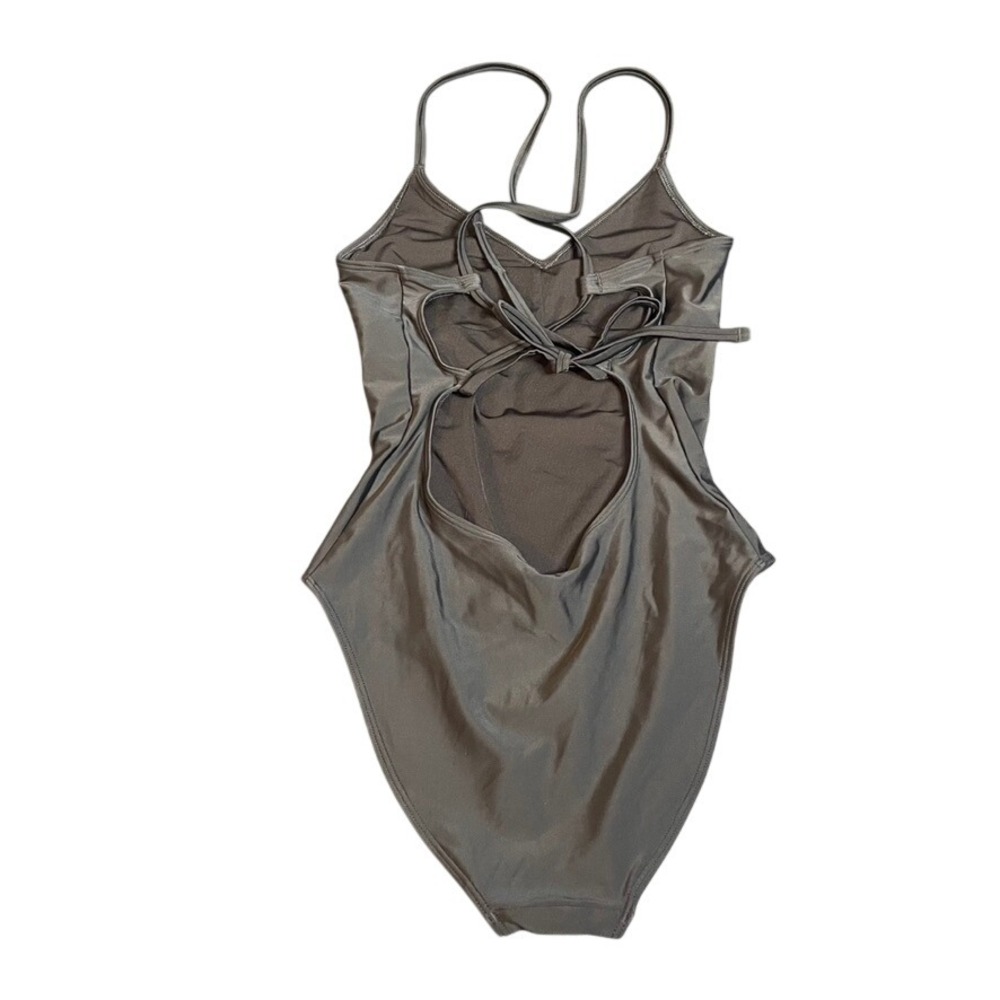 Aerie Womens Black Lace Up Back One Piece Swimsuit V-Neck Spaghetti Strap Small - Picture 2 of 3